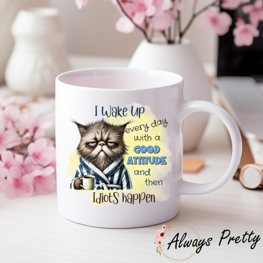 Idiots Happen Funny Cat Mug